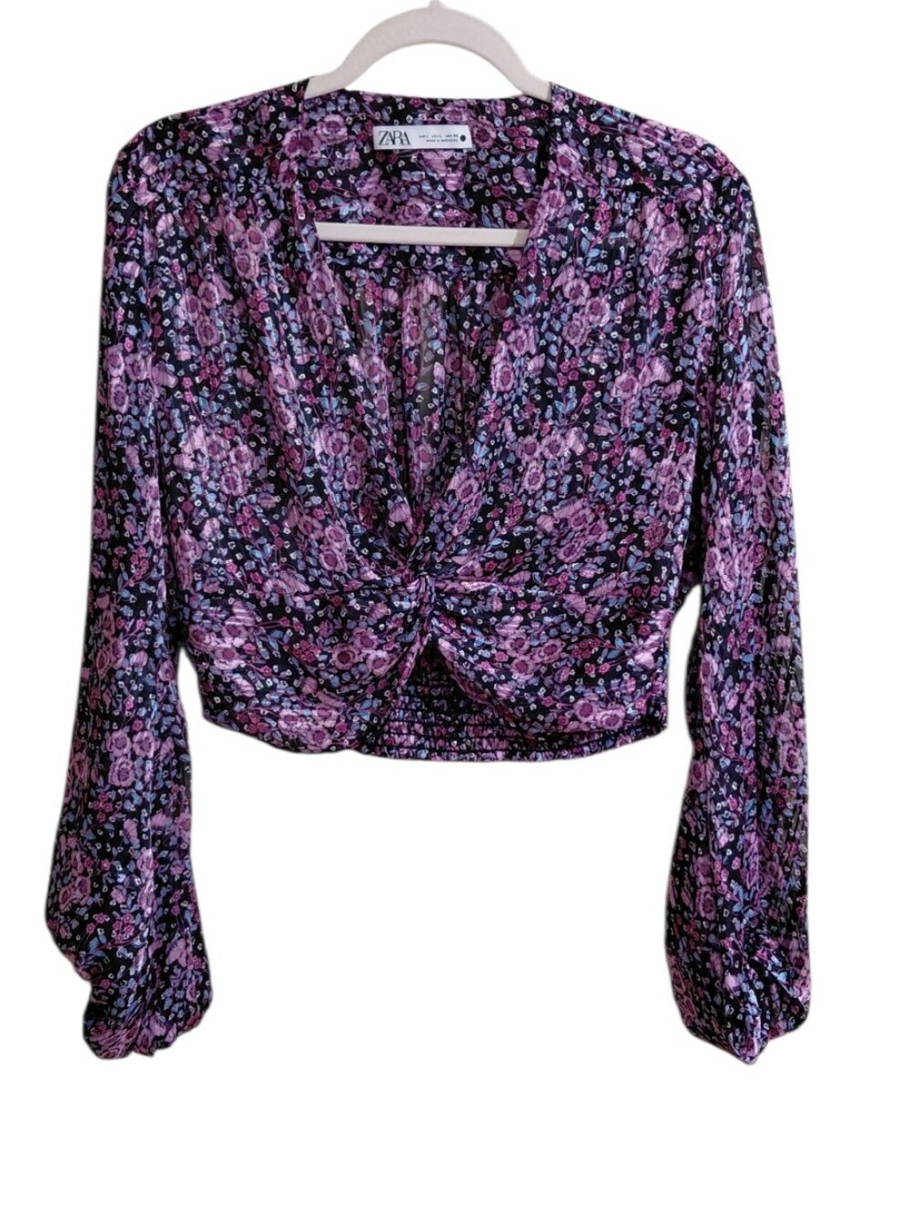 Zara Pink and Purple Floral Twist-Knot Blouse
